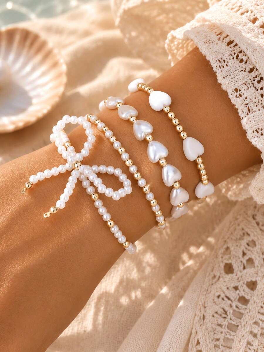 4pcs Minimalist Elegant Faux Pearl Bow Heart Beaded Women's Bracelet Set, Stackable, Suitable For Daily Wear Or Party - White - View 1