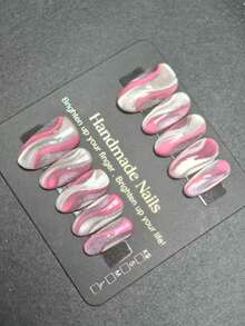 10 piezas de uñas postizas ovaladas hechas a mano, rosa y plata, con remolino de mármol, efecto ojo de gato, degradado brillante, reutilizables, para manicura de verano, vacaciones, viajes, regreso a clases, fiesta de Halloween, playa y campus, para mujeres, niñas y estudiantes - Multicolor - Ver 2
