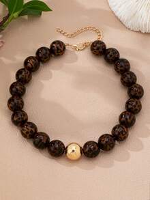1/2 Pcs Kalung Pernyataan Manik-Manik Batu Alam Motif Leopard Wanita, Kalung Kerah Manik-Manik Batu Bulat Tebal, Perhiasan Motif Hewan - MultiWarna - View 2