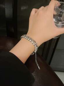 1pc Luxury Niche Double Layer Rhinestone Single Layer Rhinestone Bracelet - Silver - View 2