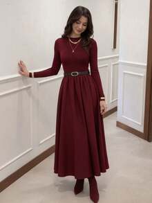 Women's Crew Neck Belted Long Dress - Burgundy - View 2