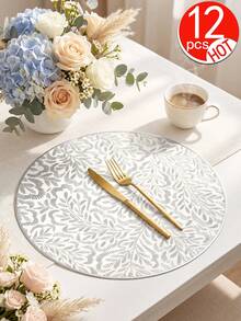 Tkvega • Home 12入金色葉片餐墊，PVC材質3D壓紋圓形奢華風隔熱墊，精美花瓶墊 38cm，可水洗易清潔可擦拭，防滑耐熱，適合房間裝飾、居家餐桌裝飾與家居佈置，適合節日、派對、生日、婚禮及晚餐聚會 - 彩色 - 查看 8