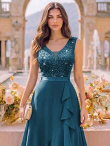 MIUSOL Deep V-Neck Lace Sequin Ruffle Hem High-Low Hem Chiffon Formal Party Maxi Dress, Suitable For Wedding Guest, Graduation Ceremony, Gala Spring - Dusty Blue - View 9