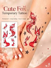 Tatuagens Temporárias Fofas de Raposa para Mulheres, Adesivos de Tatuagem de Raposa Vermelha com Design de Estrelas, Tatuagens Falsas à Prova d'Água e de Longa Duração, Arte Corporal Fácil de Aplicar e Remover, Tatuagens de Transferência com Padrão Animal para Braço, Pulso, Ombro, Festa, Acessórios de Festival - Multicolorido - Visão 1