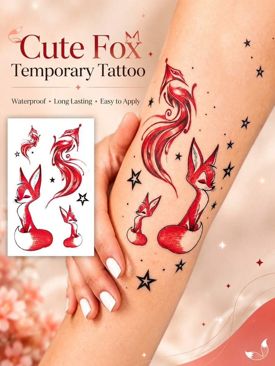 Tatuagens Temporárias Fofas de Raposa para Mulheres, Adesivos de Tatuagem de Raposa Vermelha com Design de Estrelas, Tatuagens Falsas à Prova d'Água e de Longa Duração, Arte Corporal Fácil de Aplicar e Remover, Tatuagens de Transferência com Padrão Animal para Braço, Pulso, Ombro, Festa, Acessórios de Festival - Multicolorido - Visão 1