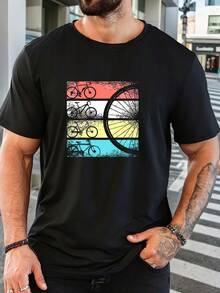 Men's Colorful Bicycle Print Summer Casual Short Sleeve T-Shirt - 黑色 - 查看 1