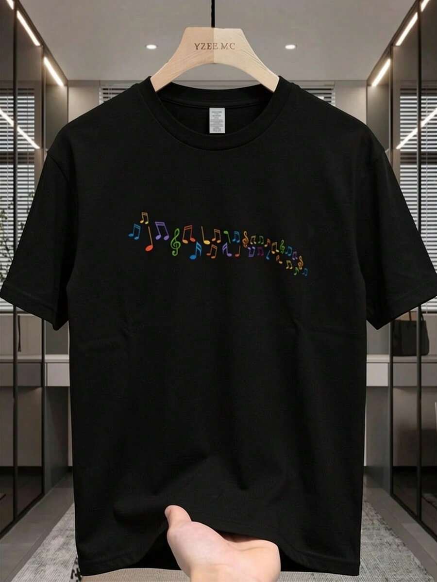 100% Men's T-Shirt With Colorful Musical Notes Print - Casual, Comfortable And Versatile Round Neck T-Shirt For Casual Wear - White - View 1