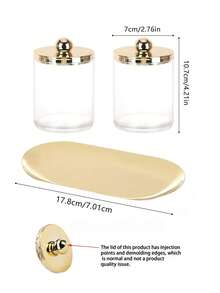 Clear Acrylic Bathroom Storage Jars With Gold Lid And Tray, Cotton Ball Holder, Cotton Swab Holder, Countertop Vanity Organizer, 3-Piece Set - Multicolor - View 7