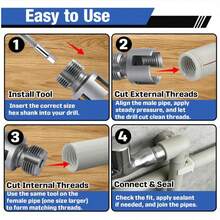 3PCS Integrated Pvc Pipe Threader Tool - 1/2" & 3/4" & 1" Dual-Function Internal External Pipe Threading Tool For Water Pipe, Duty Pipe Thread Cutting Tool Set-Electric Drill Compatible Heavy - Silver - View 10