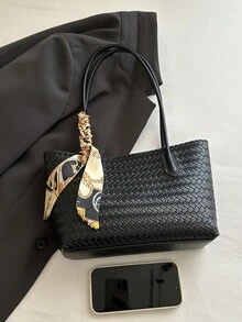 禮品圍巾 跨境編織歐美風 大容量百褶 2026春季新款 高端時尚絲巾 奢華百搭 肩背手提包 母女款包 - 黑色 - 查看 8