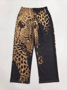 1pc Women's Black Leopard Face Print Wide Leg Sweatpants, Elastic Drawstring Waist Loose Street Casual Long Pants With Pockets - Black - View 4