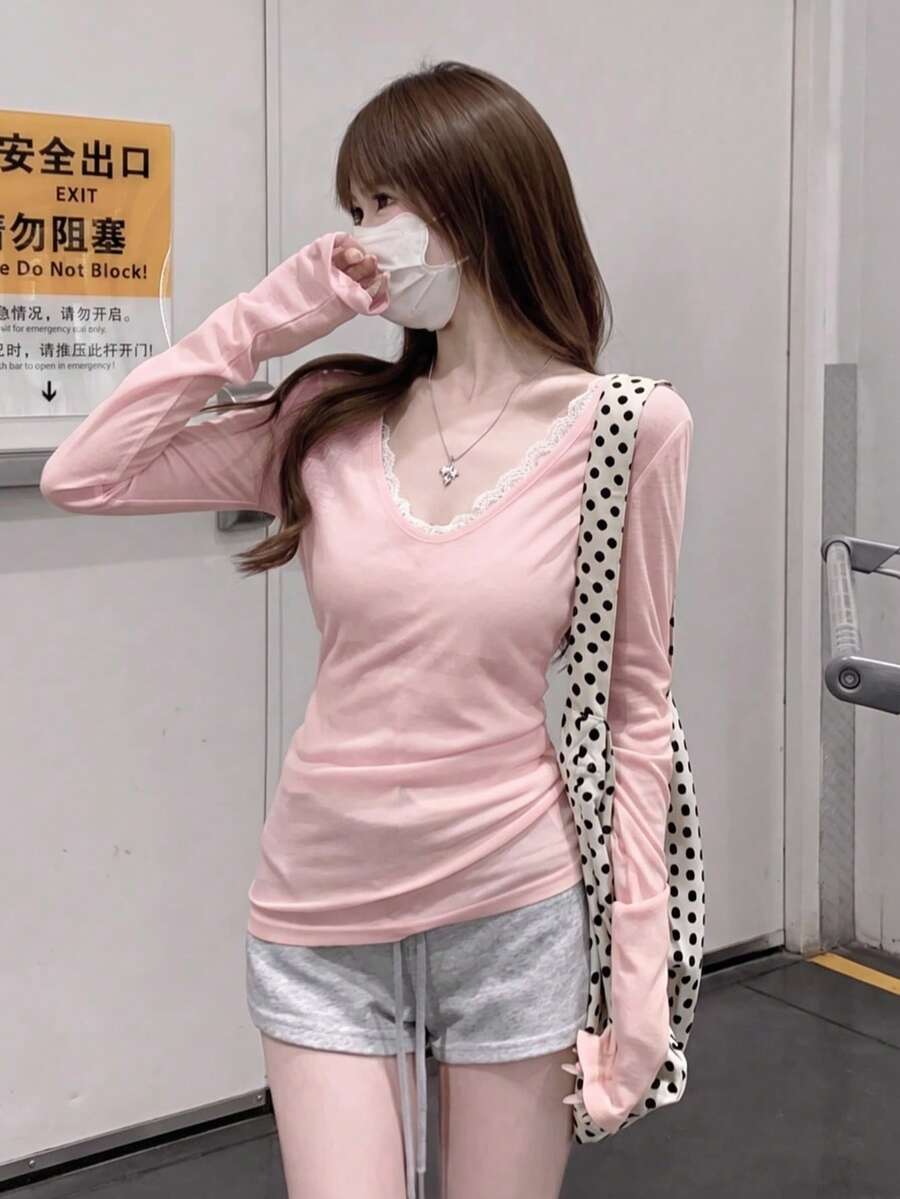 女款V領防曬分層穿搭百搭長袖T恤上衣,春/夏 粉色 - 粉色 - 查看 1