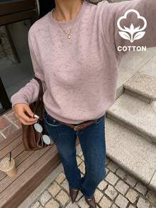 女款粉色抽象印花棉混紡圓領長袖寬鬆羅紋套頭衛衣，休閒學院風 Y2K 秋季穿搭上衣 - 粉色 - 查看 3