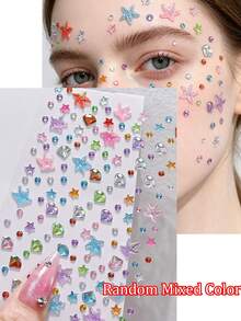 3D Shiny Star And Starfish Rhinestone Face Stickers, Iridescent Star Round Crystal Rhinestone Self-Adhesive Face Gems, Suitable For Music Festivals, Parties, DIY Body, Eye, Face Makeup Decoration - Multicolor - View 2