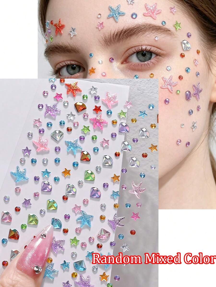 3D Shiny Star And Starfish Rhinestone Face Stickers, Iridescent Star Round Crystal Rhinestone Self-Adhesive Face Gems, Suitable For Music Festivals, Parties, DIY Body, Eye, Face Makeup Decoration