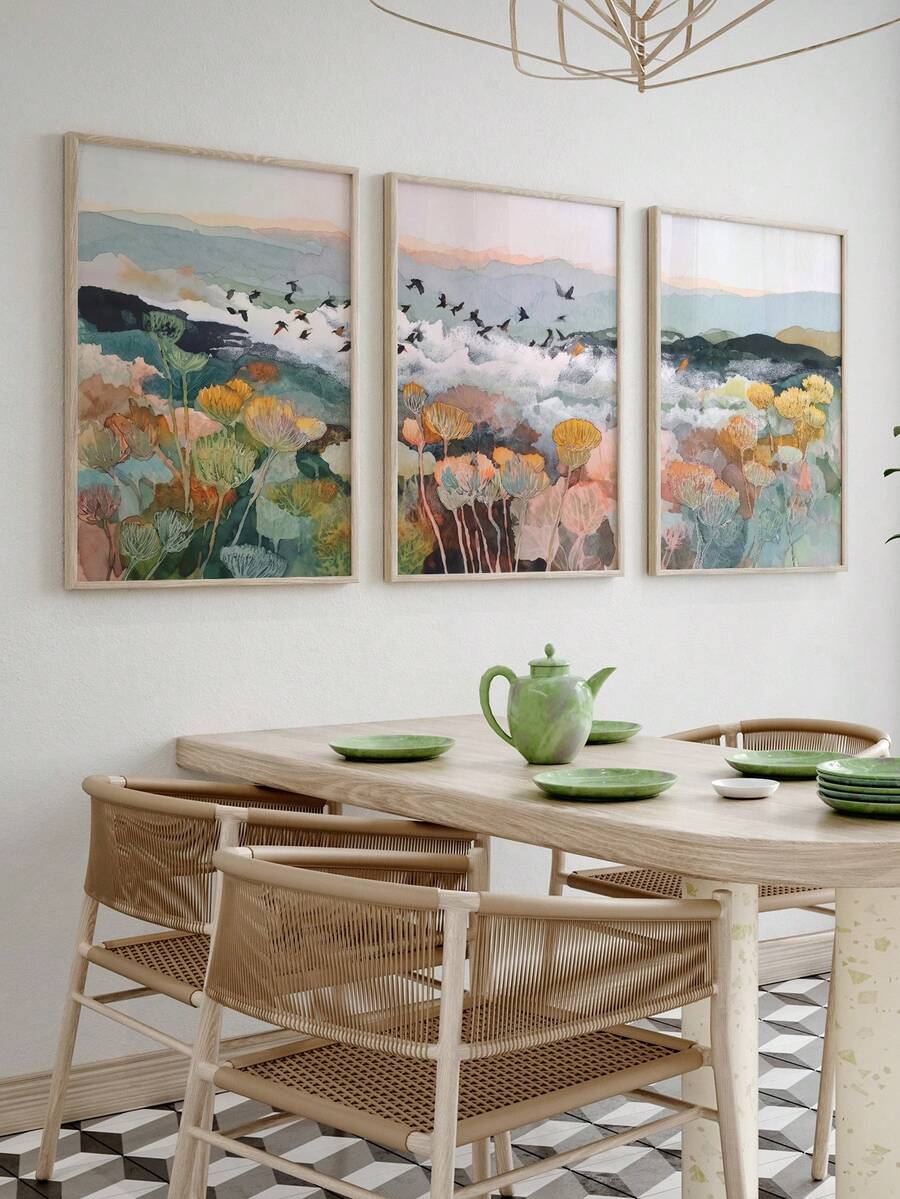3 Pieces Botanical Wall Art Posters Birds Art Painting Landscape Print Pictures Mountain Hanging Picture Wall Prints Modern Home Decoration Stuff Living Room Wall Decor No Frame - Cartoon - View 1