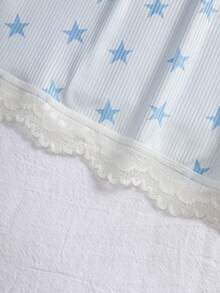 CELILIN Cute Star Print Women Slip Shorts With Side Ribbon Bow, Stretchy Ribbed Lace Hem Lounge Shorts For Daily Wear - Baby Blue - View 9