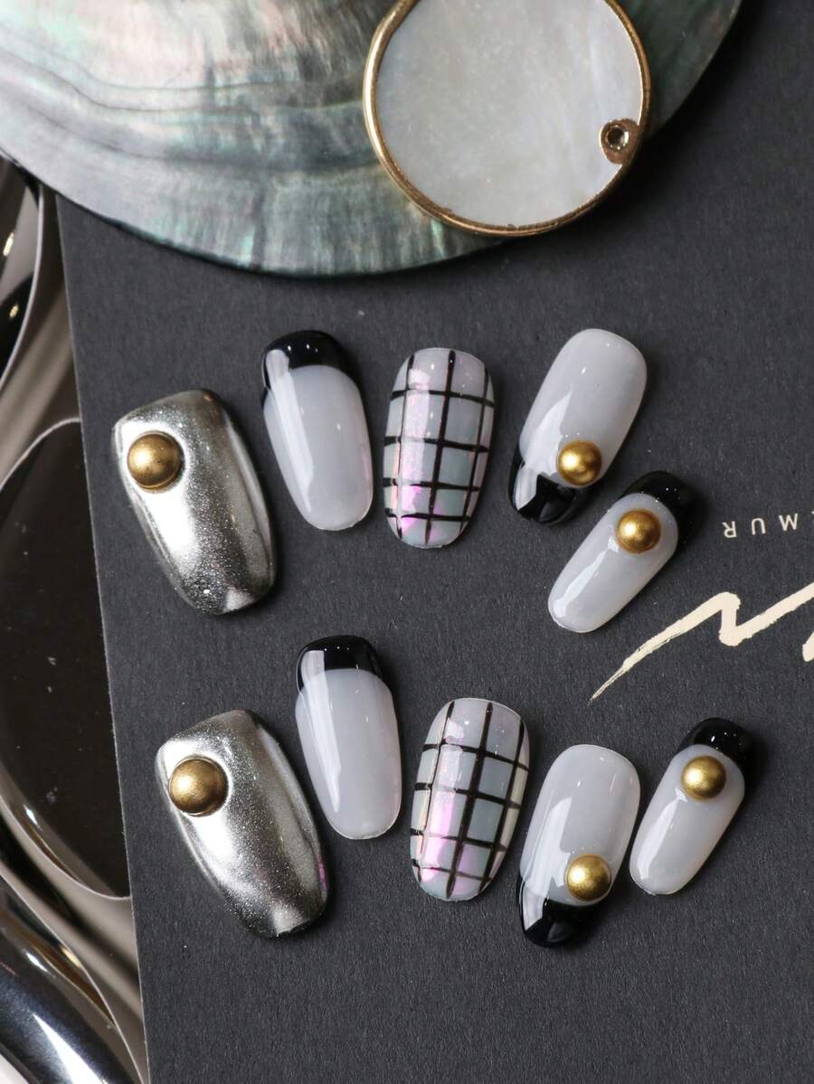 10pcs Press On Nails Silvery Black French Grid Nail Supplies Nails Press On Short Nail Fake Nails Artificial Nails Kit Includes 1sheet Adhesive Tabs &1 Pc Mini File Nail - Multicolor - View 1