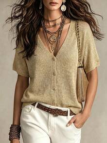 Women's Casual Elegant V-Neck Flared Sleeve Button-Front Short Sleeve Cardigan, Beach Party Outing Summer - Gold - View 2