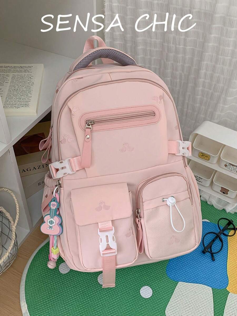 Ransel Pink untuk Pelajar, Tas Sekolah Kapasitas Besar dengan Banyak Kantong, Tali Bahu yang Dapat Diatur & Liontin Lucu, Ransel Ringan untuk Perjalanan Sehari-hari - Berwarna merah muda - View 1