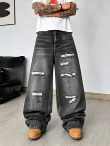American Hip Hop Charcoal Black Washed Wide Leg Jeans, Distressed Ripped Loose Stacked Drape Floor Length Men's Pants - Black - View 4