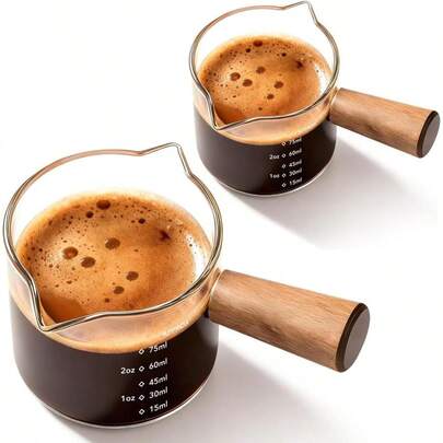 2 Piezas Taza Medidora Espresso, Taza Medidora de Café Espresso 15-75ml, Mango de Madera Tazas Medidoras Con Escala Vaso, Ideal para Hogar, Oficina y Camping Espresso Cup