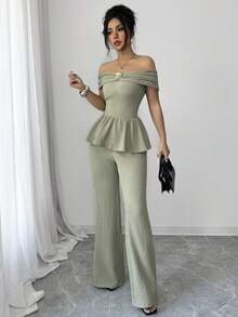Solid Color Cute Party Metal Decor Off-Shoulder Casual Ruffle Top And Pants Loungewear Set - Bean Green - View 8