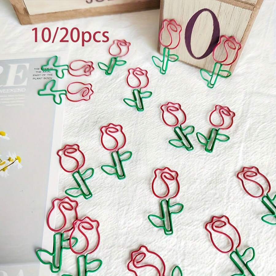 10/20pcs Exquisite Dual-Color Rose Paper Clips, Creative Shaped Metal Bookmarks, Cute Office Stationery - Multicolor - View 1