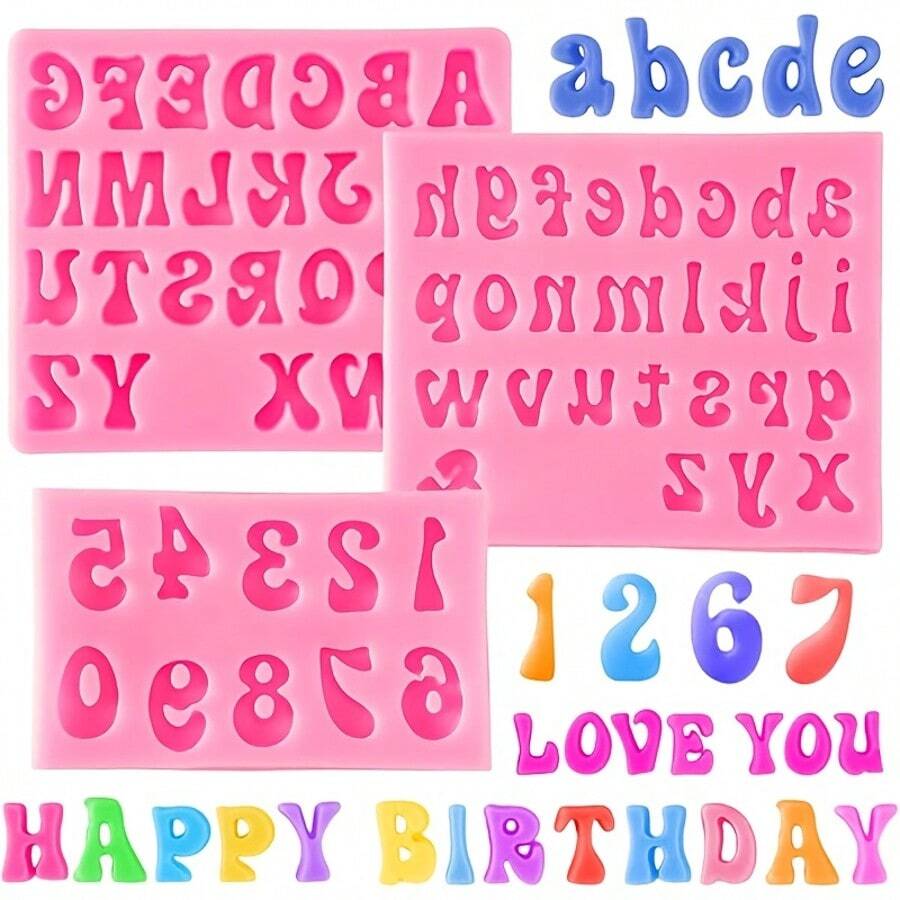 3 件装大写字母/小写字母/字母和数字硅胶模具 - 彩色 - 查看 1