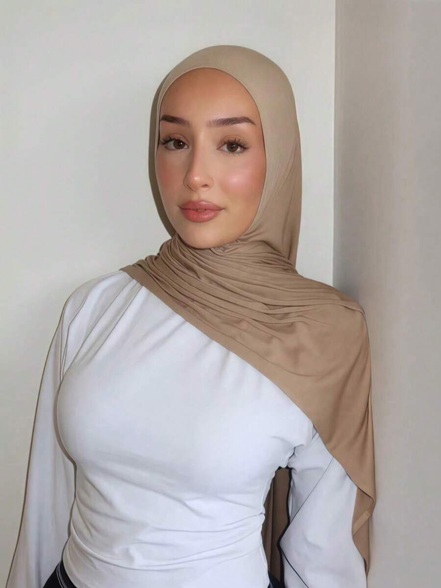 قطعة واحدة من وشاح الرأس المحبوك من المودال، لون موحد، ناعم حريري وقابل للتنفس، للاستخدام اليومي والصلاة - كاكي - مشاهدة 1