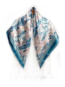 Fresh Blue Floral Leaf Plant Print Satin Square Scarf, Blue And White Contrast Striped Hem Silk Scarf, Women's Headscarf Necktie Bag Strap, Spring/Summer Fresh Gentle Girl Commute Travel Accessory - Multicolor - View 5