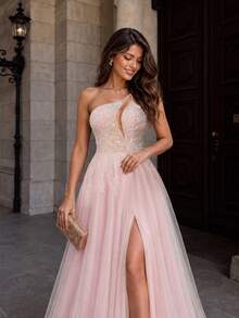 VIPGIRL Sequin Contrast Mesh Panel High Slit Maxi Evening Gown Elegant Formal Prom Wedding Guest Dress, For Graduation, Dinner Party Dress Spring Pink - Pink - View 4