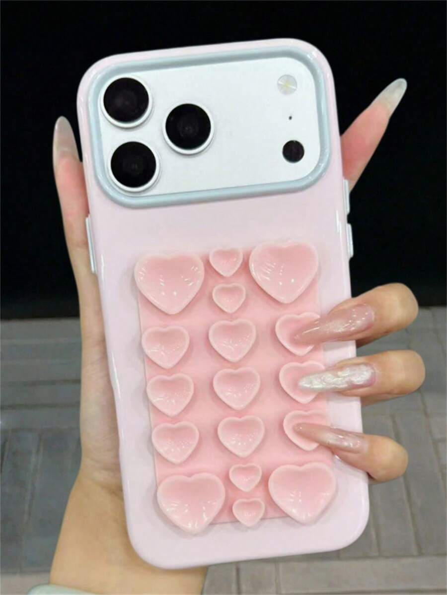可愛 3D 心形吸盤貼紙支架糖果色亮面果凍手機殼,適用於 iPhone 17 Pro Max 17Pro 16 Pro Max 15 Pro Max 14 Pro Max 13 Pro Max,時尚相機鏡頭保護防摔軟背蓋 - 粉色 - 查看 1