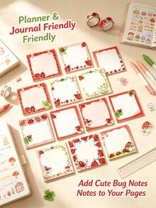 4 Packs Fresh Seven-Star Ladybug Sticky Notes, 12 Random Pattern Set, Hand-Drawn Ladybug, Flower, Grass, Mushroom Creative Border, Includes Lined, Checklist, Blank Multiple Writing Layouts, Thick Paper No Ink Bleed, Removable Without Residue, Suitable For Classroom Marking, Office Memo, Study Plan Recording, Scrapbook Decoration, Cute Insect Style Stationery, Classroom Office Supplies Memo Sticky Notes For Students And Teachers - A - View 5