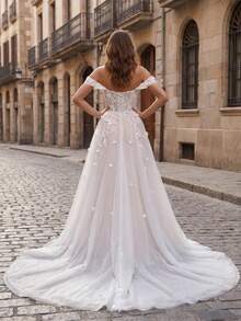 Summer Elegant Deep V-Neck Applique Long Mesh A-Line Wedding Dress, Formal Off-Shoulder Ball Gown, Women - Beige - View 6