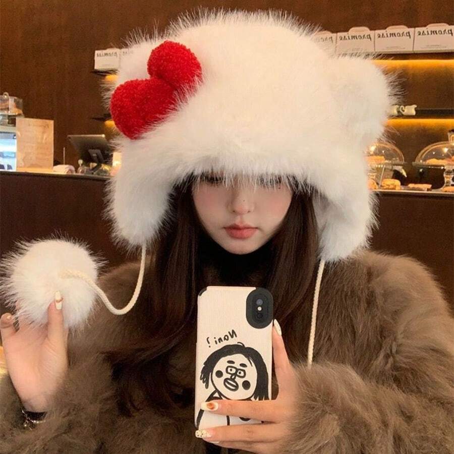 Cute Bow Plush Hat For Women, Fashionable Ear Warmers, Autumn/Winter Warm & Cold-Proof, New Essential Ushanka Style - A - View 1
