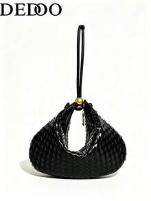 Dedoo European & American Style Woven Large Capacity Solid Color Dumpling Handbag - Black - View 2