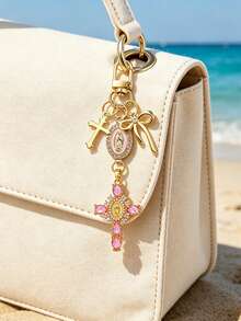 Christian Keychain With Pink Rhinestone Cross, Bow And Virgin Mary Decoration - Cross Keychain, Bag Charm, Cross Pendant, Wallet Backpack Accessory, Earphone Case Accessory, Luggage And Car Decor Keychain, Suitable As Birthday Gift, Back To School Gift, Teacher's Day Gift - Multicolor - View 2