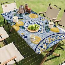 1pc Lemon Blue Floral Pattern Outdoor Elastic Tablecloth, Suitable For Spring And Summer Decoration, Perfect For Outdoor Patio, Indoor Dining, Picnic, Camping And Party - Multicolor - View 8