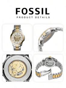 Fossil Men's Automatic Mechanical Watch Two-Tone Stainless Steel Bracelet White Skeleton Dial With Roman Numerals Sophisticated Accessory For Business Casual - White and Gold - View 6