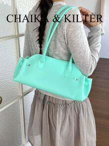 CHAIKA & KILTER 1件裝純色PVC布料女款時尚單肩保齡球果凍包，雙手把設計搭配拉鍊開合，適合日常與街頭穿搭 - 淺藍色 - 查看 8