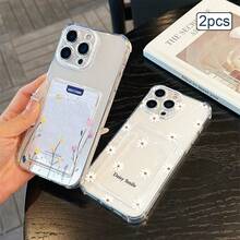 2pcs Floral Print Card Holder Transparent TPU Shockproof Full Coverage Protective Phone Case Compatible With Apple 11/12/13/14/15/16/17 Pro Max - Clear - View 3
