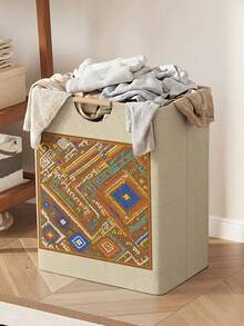 1pc Storage Basket, Laundry Basket, Washing Basket, Storage Bin, Fun Print Design, Foldable Multi-Purpose Storage Basket With Wooden Handle, Suitable For Daily Clothing Storage And Organization - Multicolor - View 2