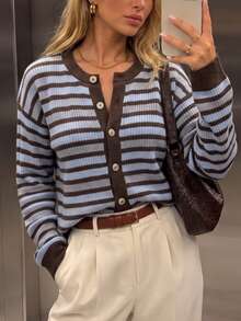 Cardigan de punto acanalado a rayas con botones delanteros para mujer - Óxido marrón - Ver 1