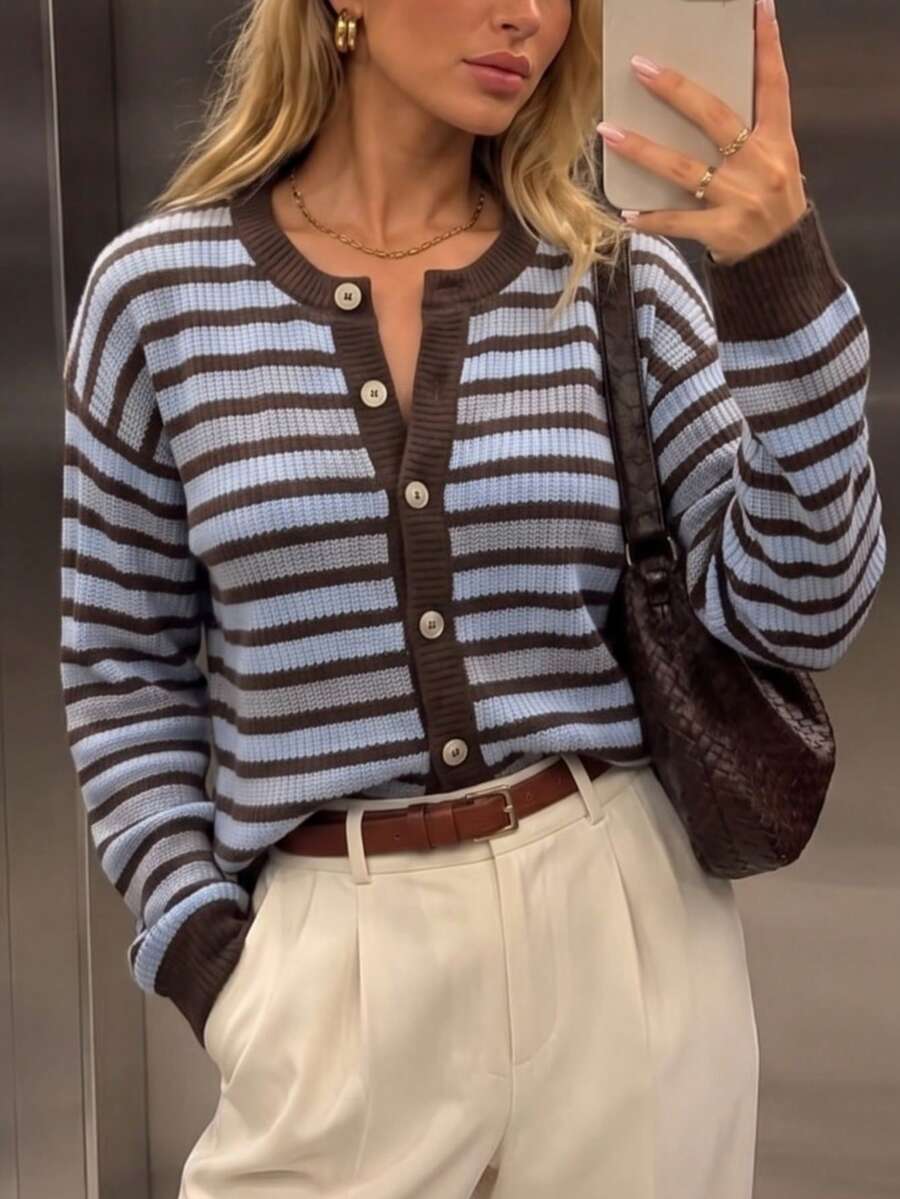 Cardigan de punto acanalado a rayas con botones delanteros para mujer - Óxido marrón - Ver 1