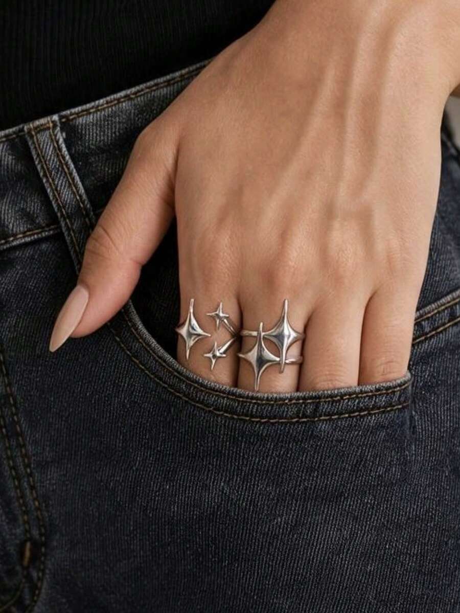 2pcs Gothic Star Open Ring Set, Minimalist Style, Suitable For Daily Wear And Vacation Accessories - Silver - View 1