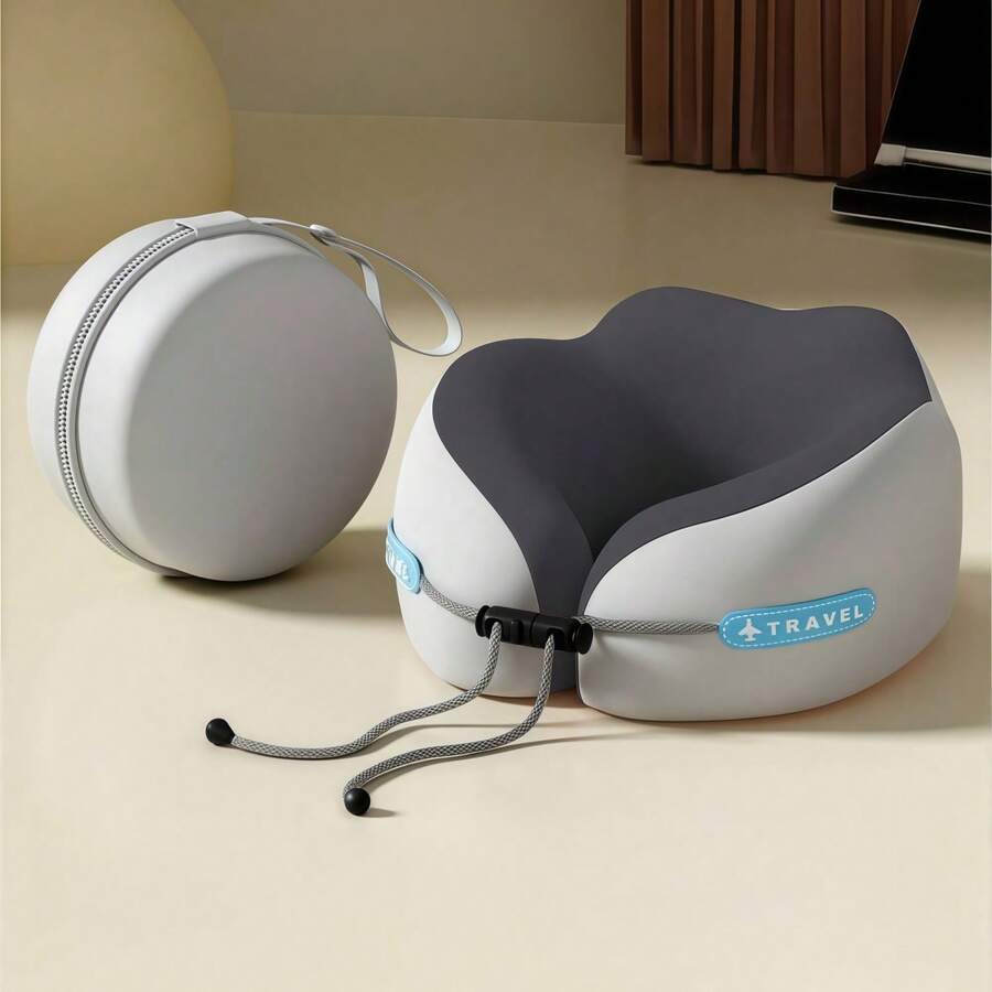 Ergonomic Memory Foam U-Shaped Neck Pillow, 360° Neck Fit, Adjustable, Suitable For Different Neck Sizes, With Round Storage Box, For Long-Distance Travel, Airplane, High-Speed Train, Car And Office