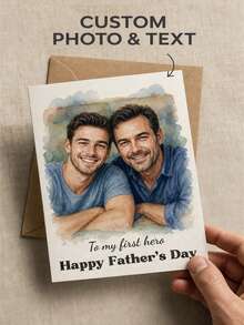 Custom Photo & Text Watercolor Father's Day Greeting Card, Personalized Portrait Folded Card, Sweet Heartfelt Greeting For Father's Day Celebration, Family Blessing Delivery, Warm Parent-Child Emotional Expression And Holiday Souvenir Gift - Multicolor - View 9