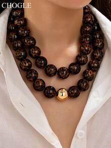 1/2 Pcs Kalung Pernyataan Manik-Manik Batu Alam Motif Leopard Wanita, Kalung Kerah Manik-Manik Batu Bulat Tebal, Perhiasan Motif Hewan - MultiWarna - View 5