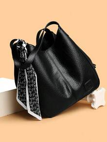 Women's Fashion Soft Leather Large Capacity Commuter Tote Bag Scarf Bucket Bag - Black - View 5
